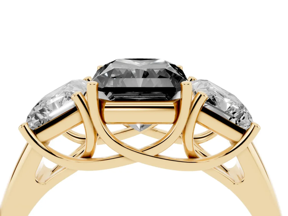 Fancy Black Three-Stone Radiant Cut Diamond Engagement Ring with Prong Setting Yellow gold