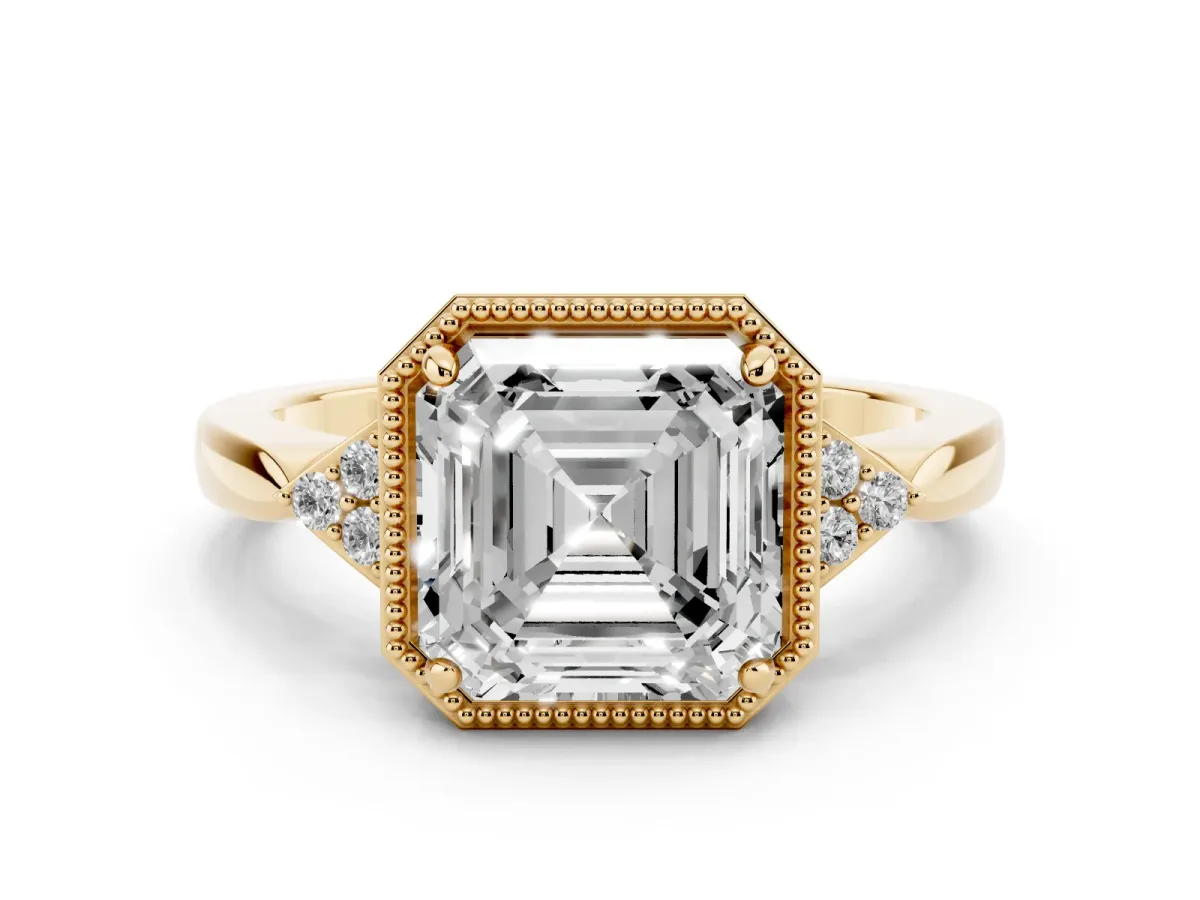 Milgrain Asscher Cut Cut Diamond Ring with Tapered Pave Band and Four Prong Setting Yellow gold