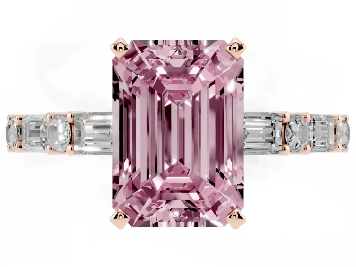 Fancy Pink Emerald Cut Diamond Solitaire with Side Baguettes and Channel Set Band Rose gold