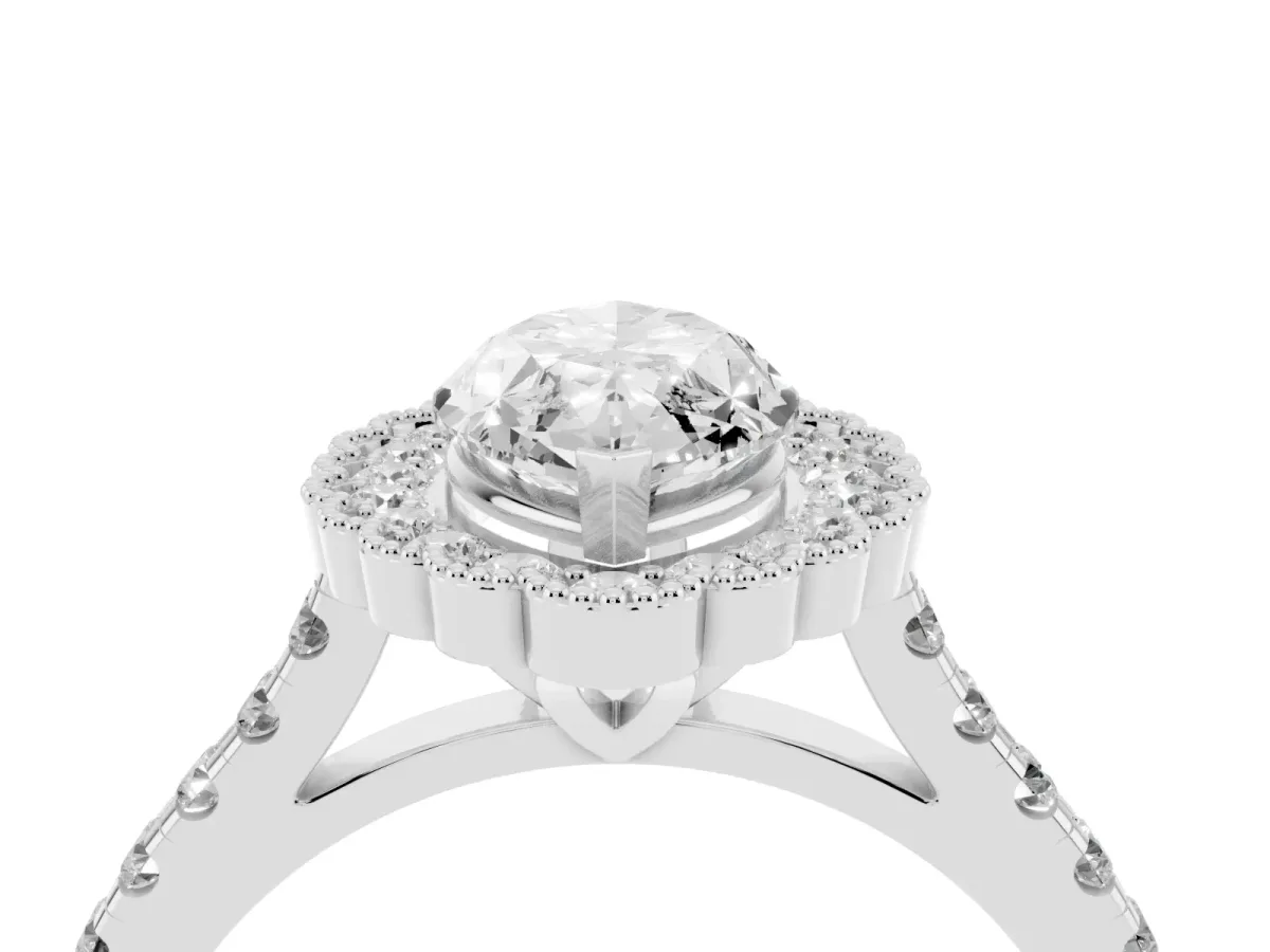 Marquise Cut Cut Diamond Milgrain Floral Halo Engagement Ring with Pavé Band Platinum