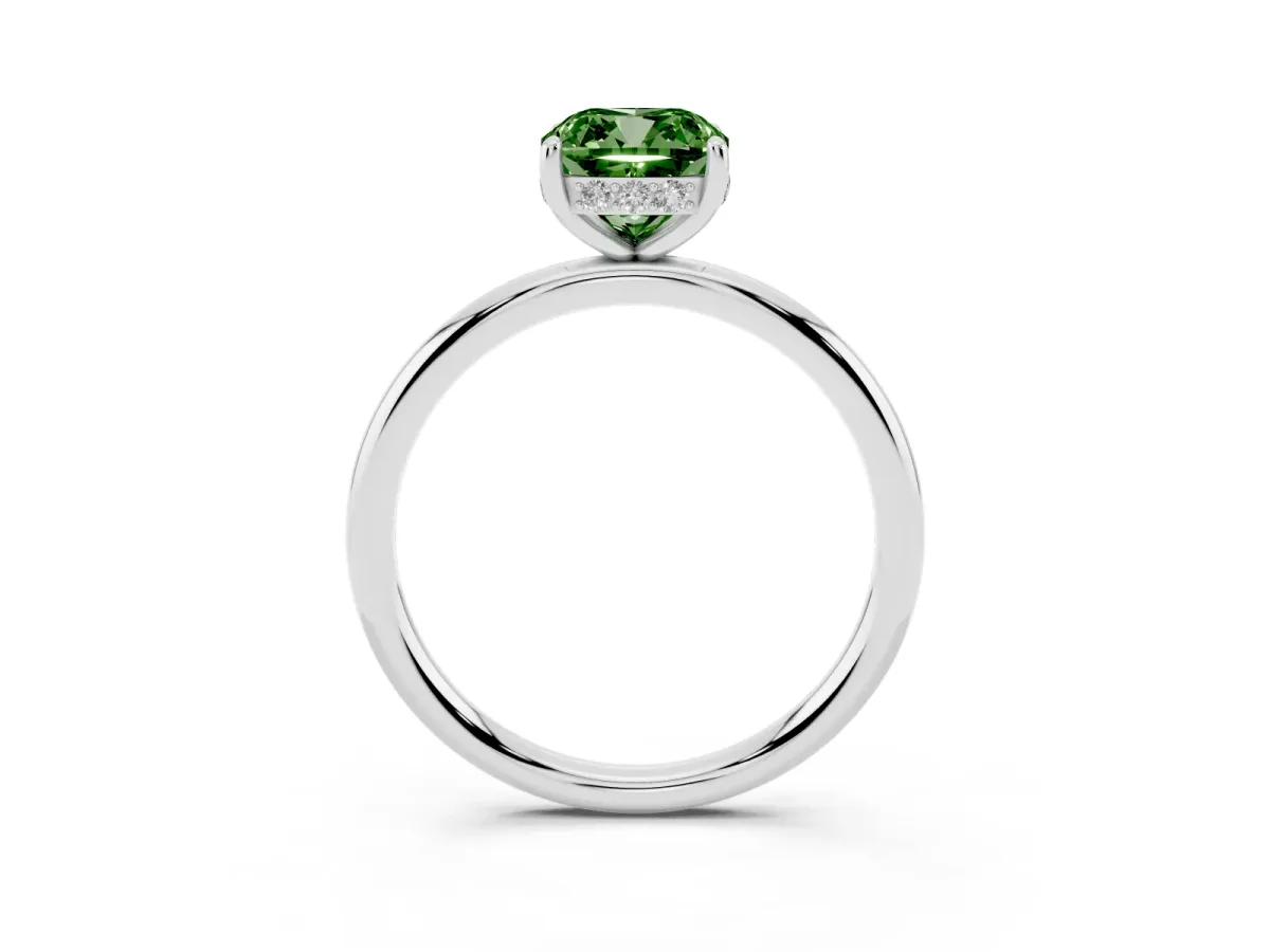 Fancy Green Cushion Cut Solitaire Diamond Ring with a Classic Band and Four-Prong Setting Silver