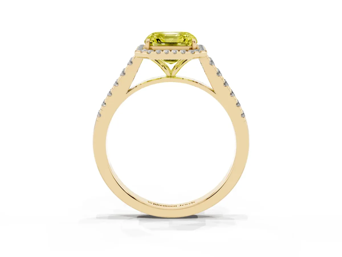 Fancy Yellow Asscher Cut Halo Pave Diamond Engagement Ring with Four-Prong Setting Yellow gold