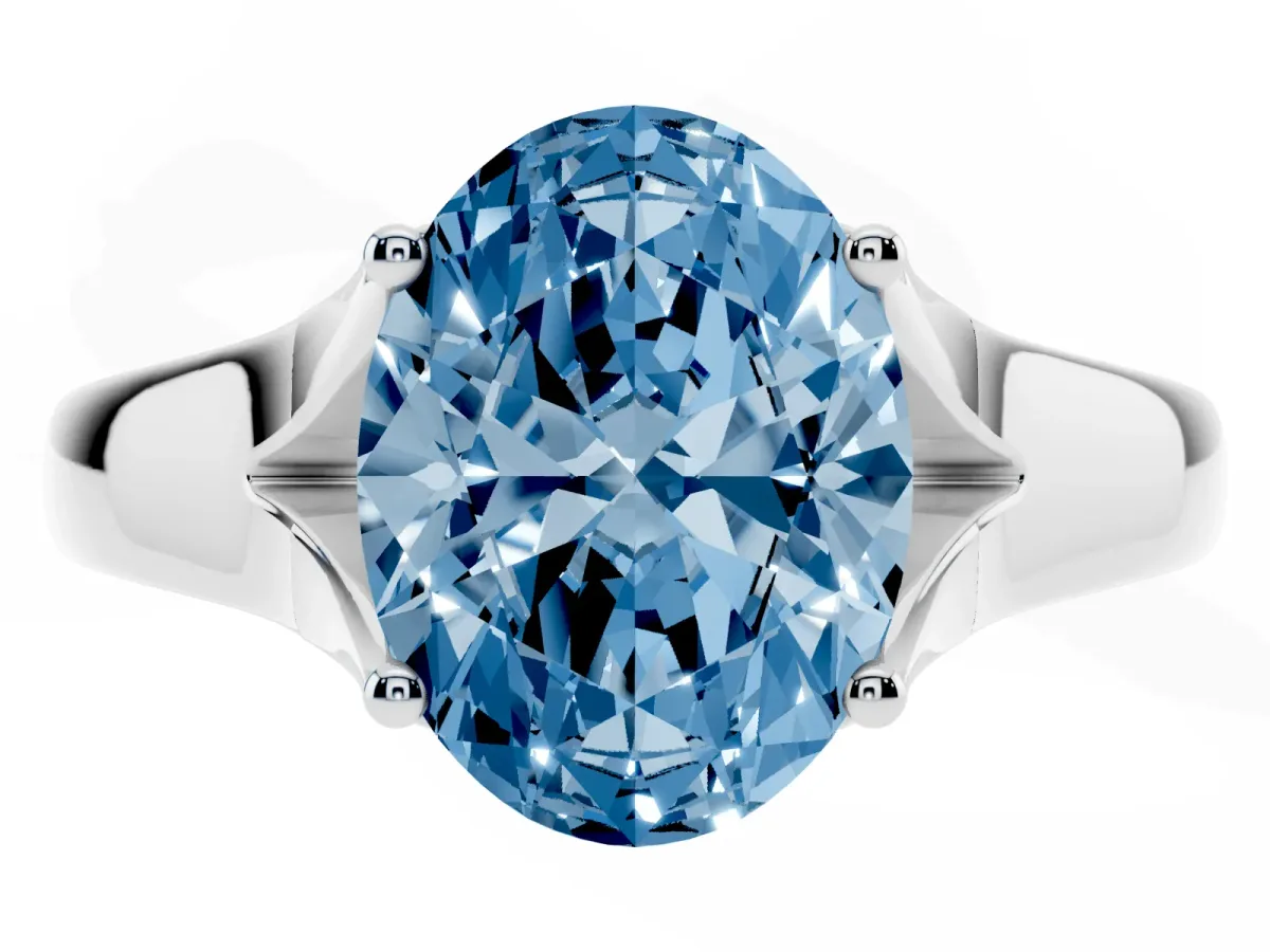 Fancy Blue Oval Cut Solitaire Diamond Ring with Cathedral Band and Four-Prong Setting Platinum