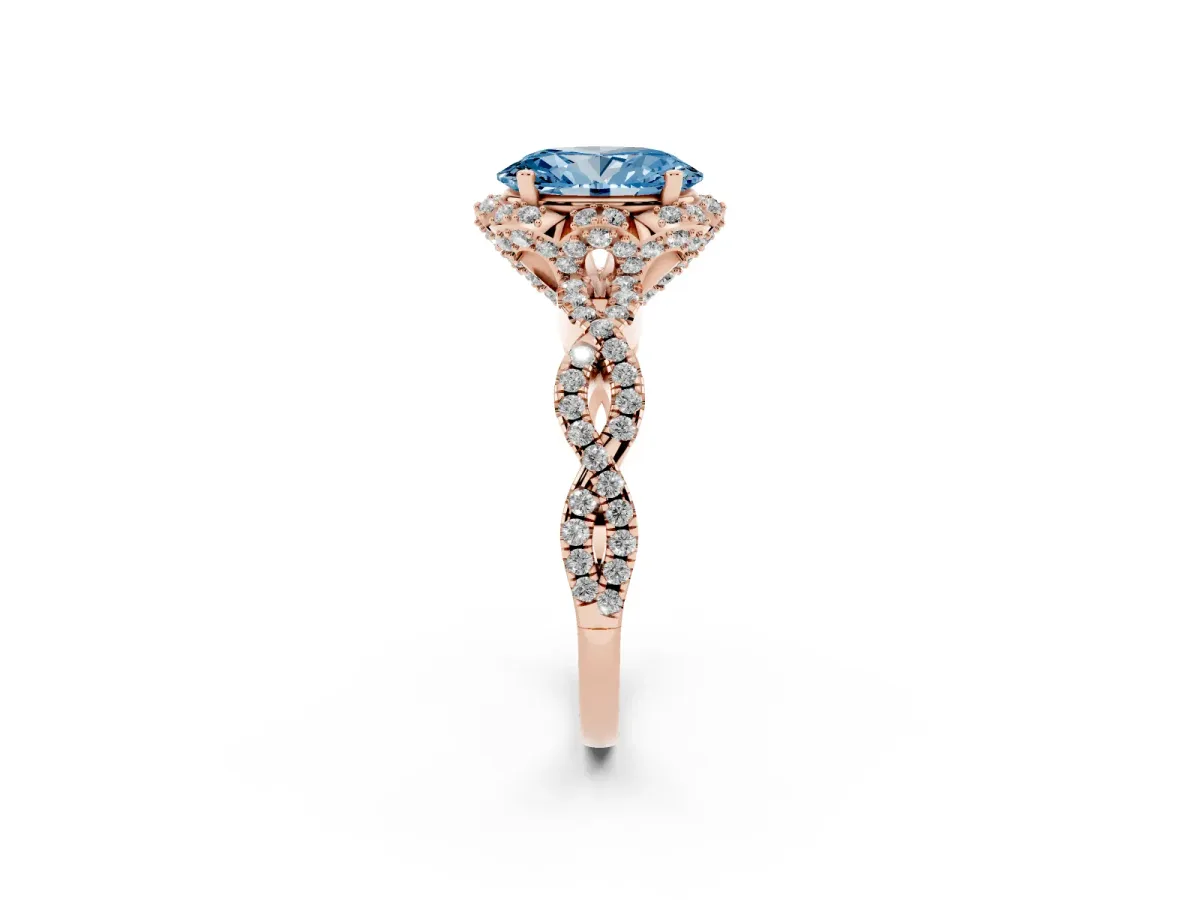 Fancy Blue Oval Cut Halo Twist Band Solitaire Ring with Six-Prong Setting Rose gold