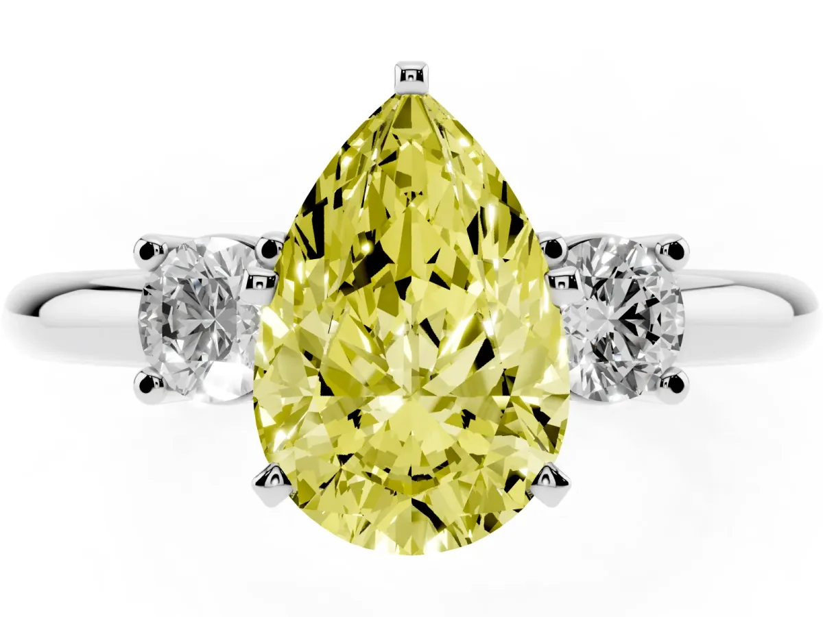 Fancy Yellow Three-Stone Pear Cut Cut Diamond Solitaire with Prong Setting and Classic Band Silver