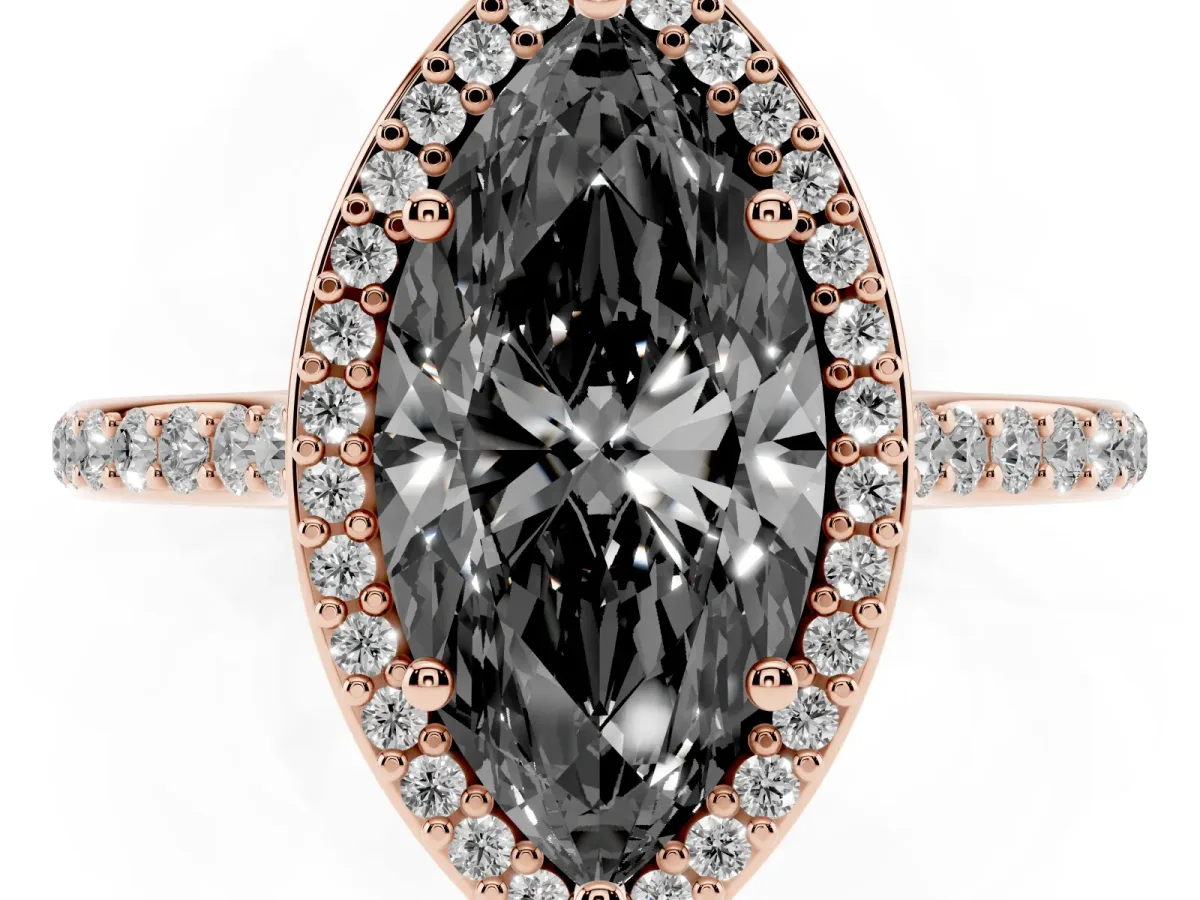 Fancy Black Marquise Cut Diamond Halo Engagement Ring with Round Pavé Shoulders and Prong Setting Rose gold
