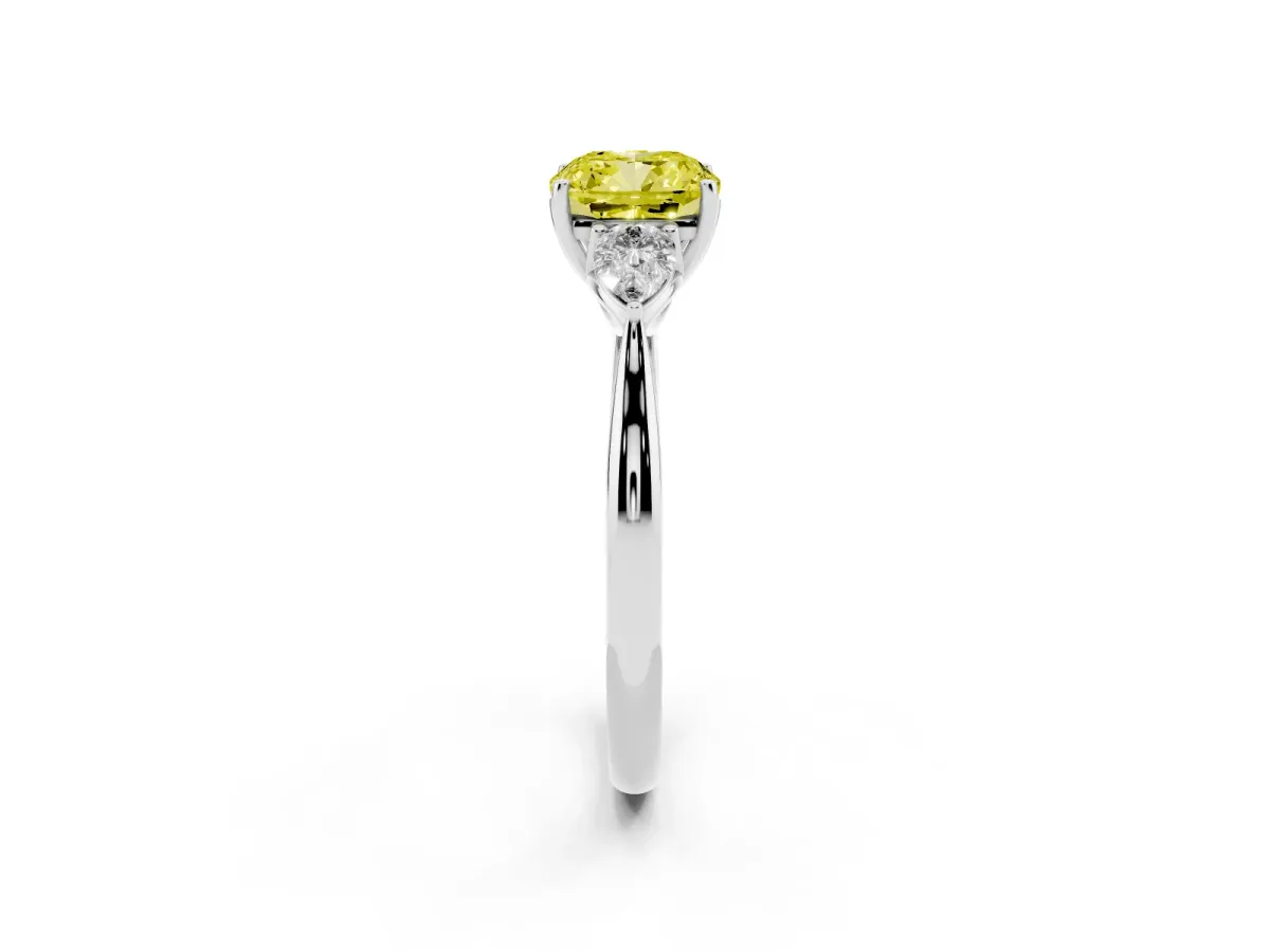Fancy Yellow Three-Stone Cushion Cut Brilliant Diamond Solitaire Ring with Tapered Band and Four-Prong Setting Silver