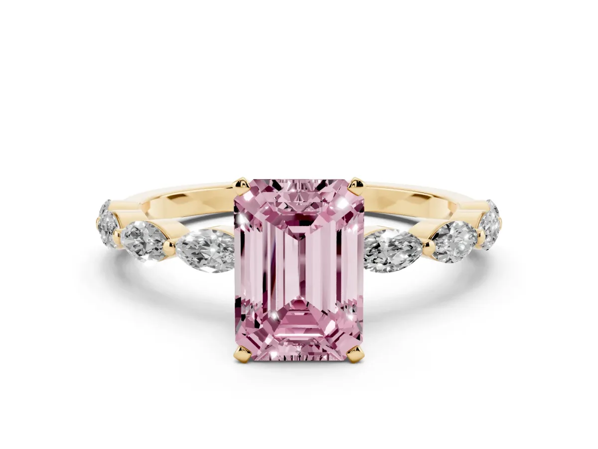 Fancy Pink Emerald Cut Diamond Ring with Marquise Side Stones and Prong Setting Yellow gold