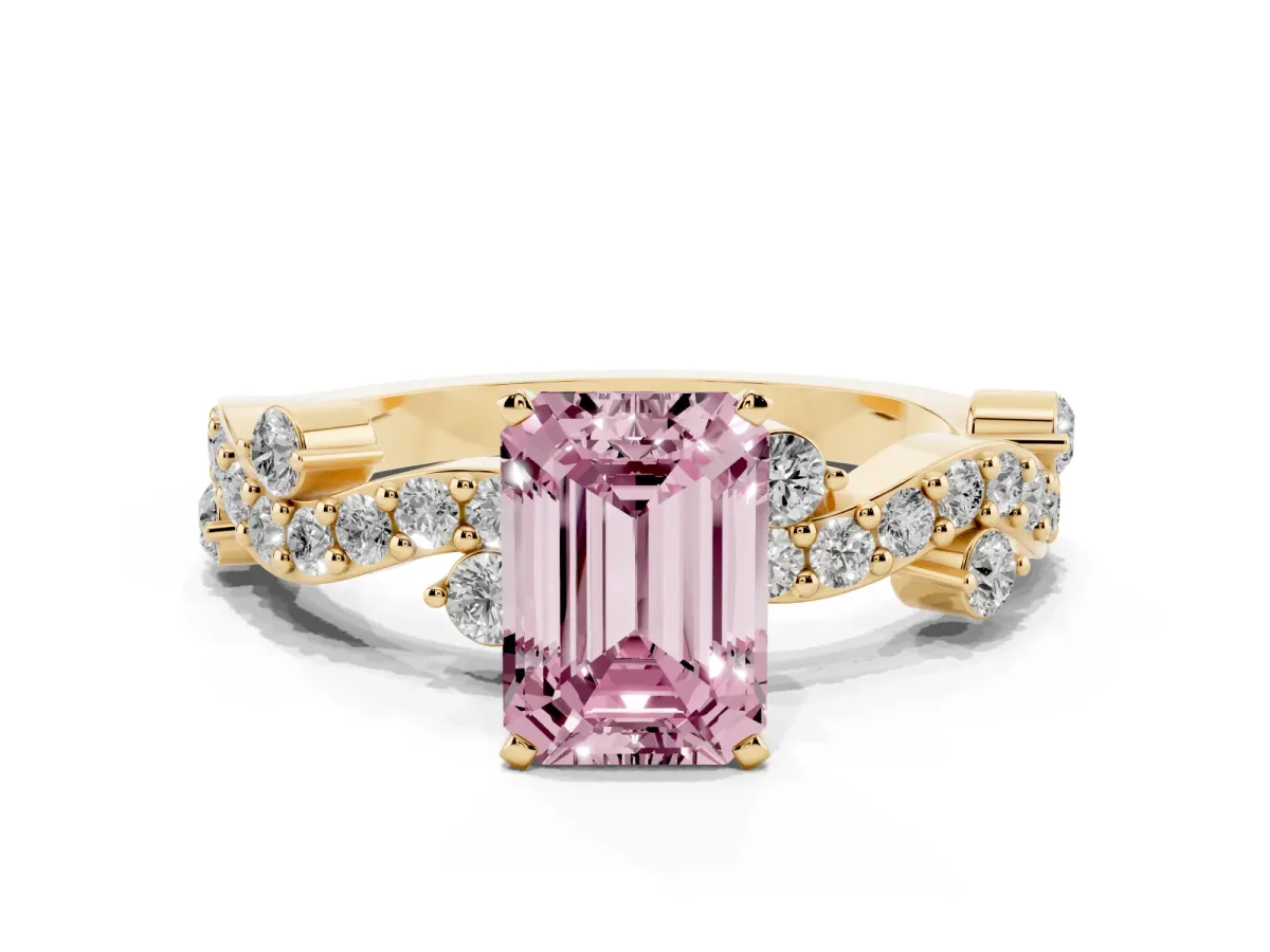 Fancy Pink Emerald Cut Cut Solitaire Diamond Twisted Band with Pave Setting Yellow gold