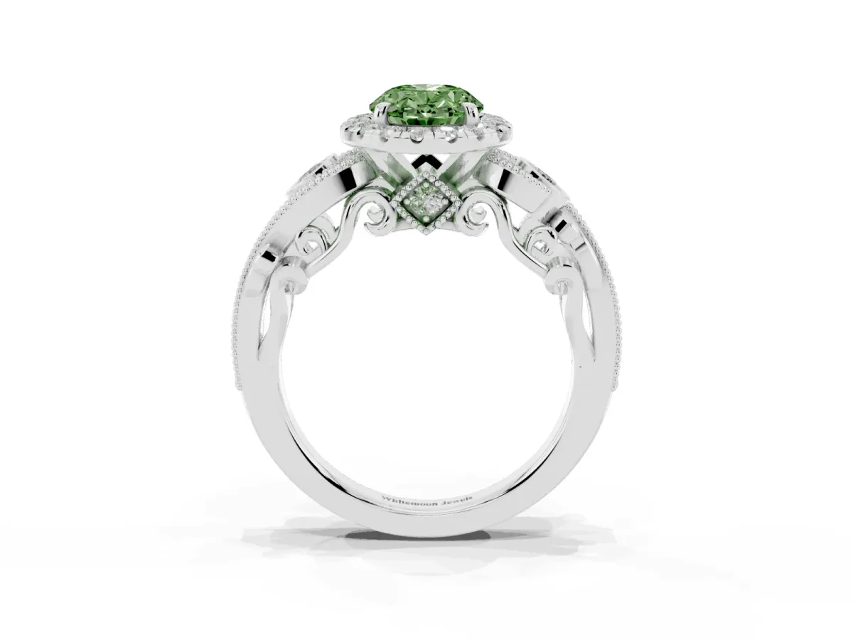 Fancy Green Oval Cut Diamond Halo Ring with Milgrain Pavé Band and Four-Prong Setting White gold