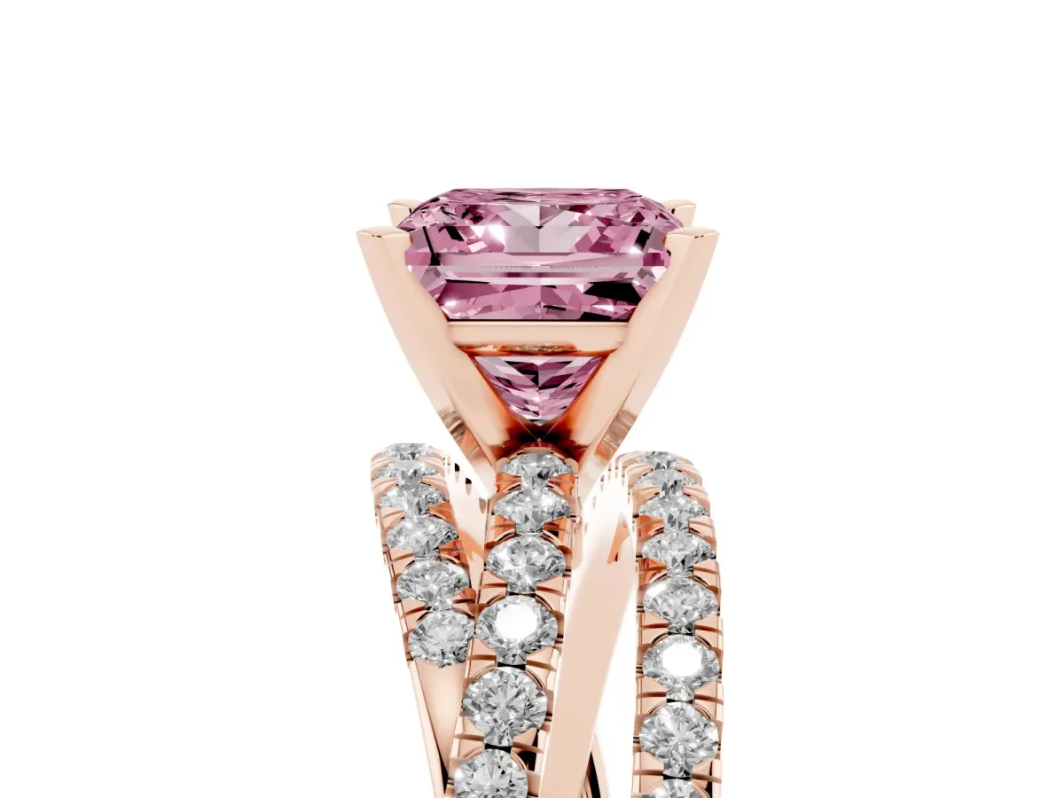 Fancy Pink Princess Cut Solitaire Twist Band with Pavé Setting and Four-Prong Setting Rose gold