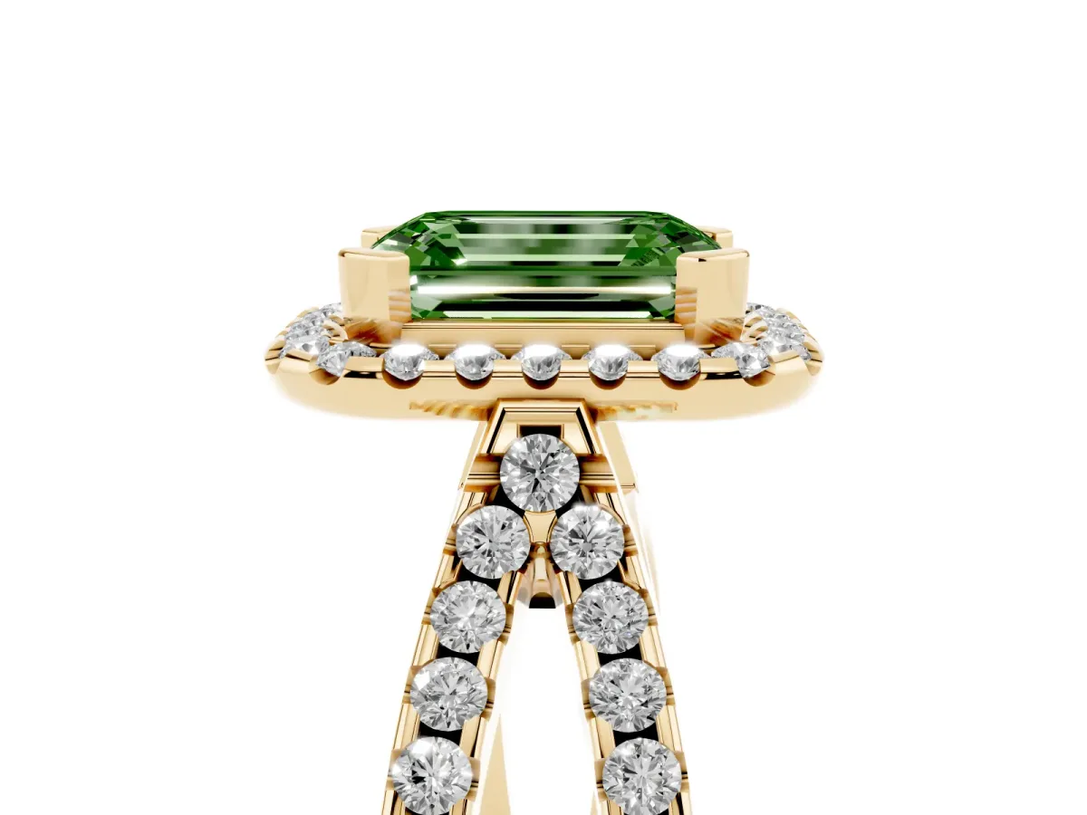 Fancy Green Emerald Cut Diamond Halo Ring with Split Shank Pavé Band and Prong Setting Yellow gold