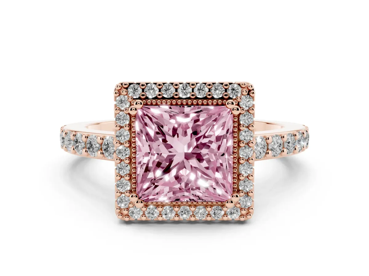Fancy Pink Princess Cut Cut Diamond Halo Engagement Ring with Milgrain Detail and Pavé Band Rose gold