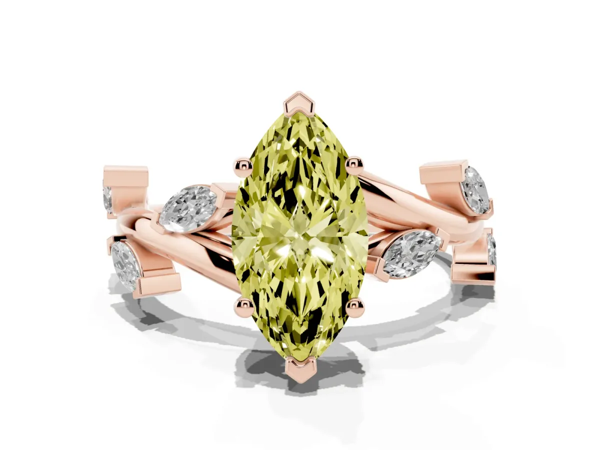 Fancy Yellow Marquise Cut Solitaire Twisted Band Marquise Accent Prong Setting Ring Rose gold