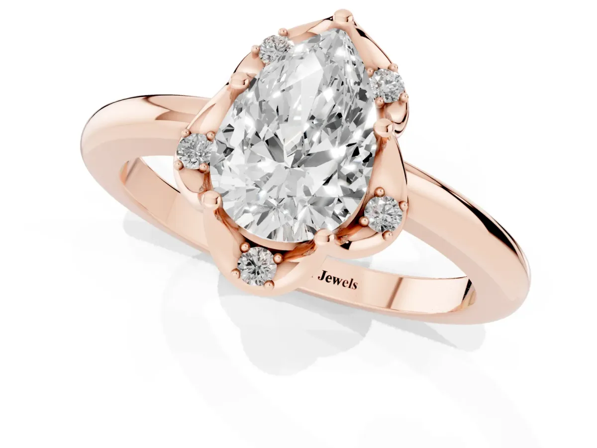 Pear Cut Halo Diamond Ring with Round Cluster Setting, Solitaire Band, and Four-Prong Setting Rose gold