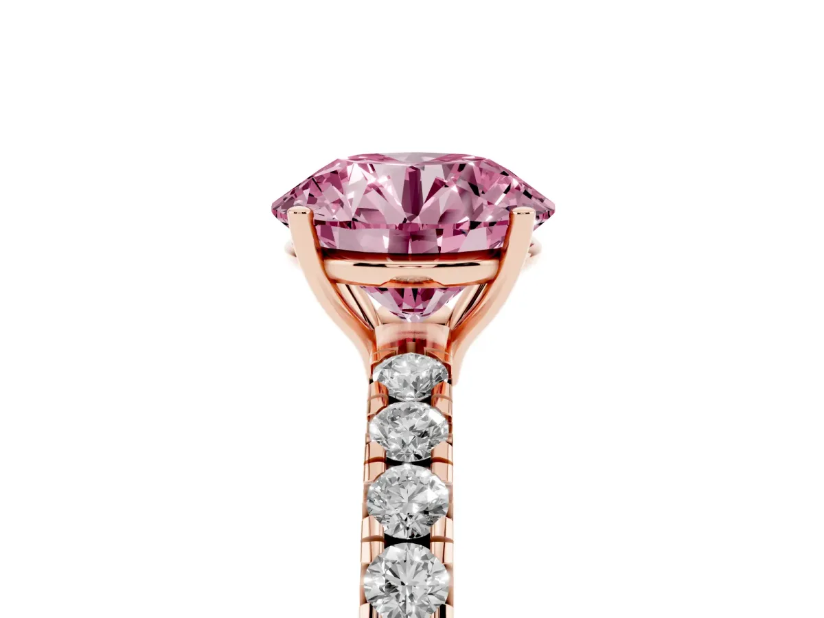 Fancy Pink Round Cut Diamond Pavé Solitaire Engagement Ring with Four-Prong Setting Rose gold