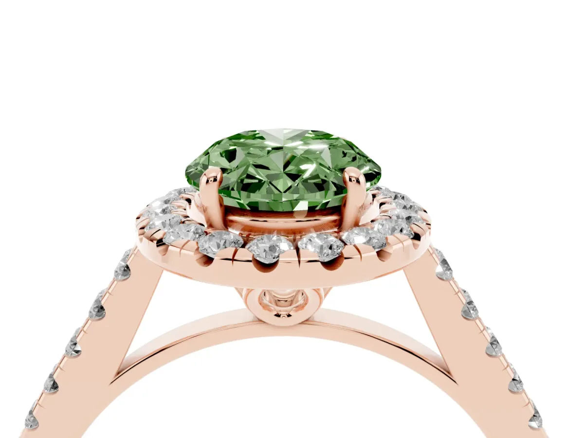 Fancy Green Oval Cut Halo Pavé Diamond Engagement Ring with Four-Prong Setting Rose gold