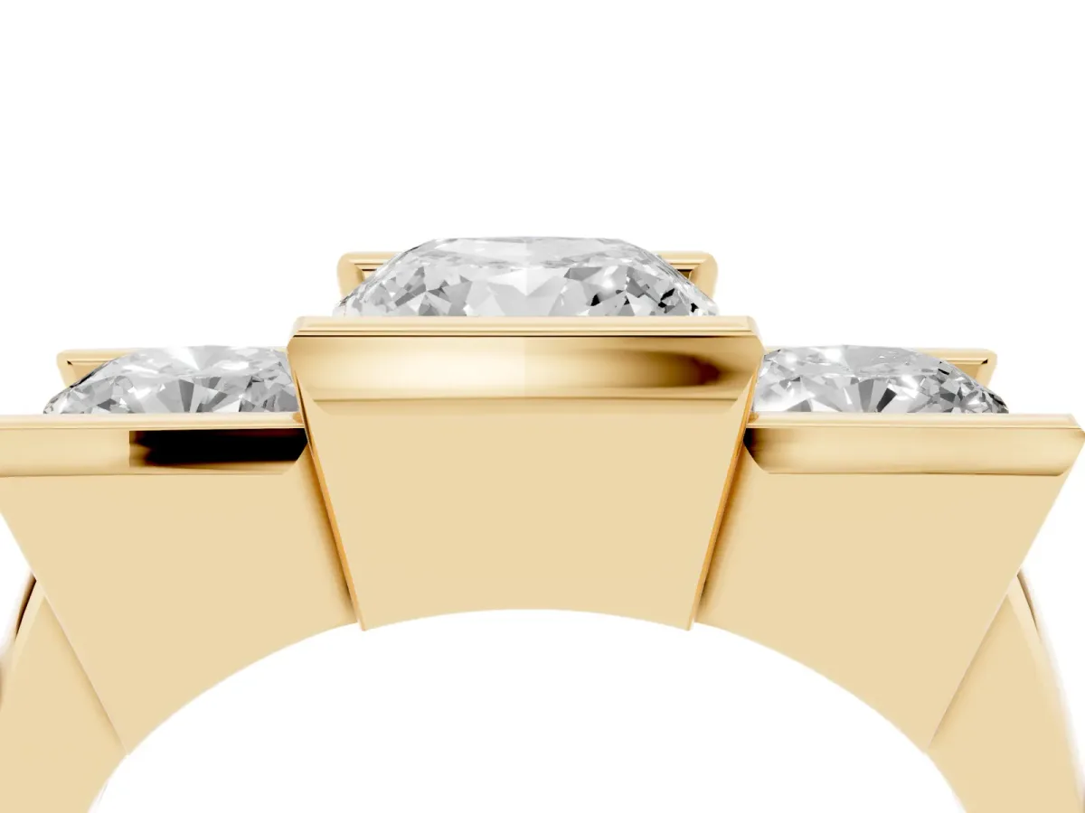 Three Stone Cushion Cut Cut Channel Set Diamond Ring Yellow gold