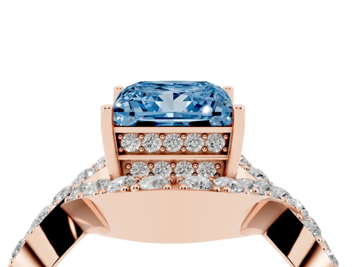 Fancy Blue Princess Cut Solitaire Twist Band Pavé Diamond Engagement Ring Rose gold