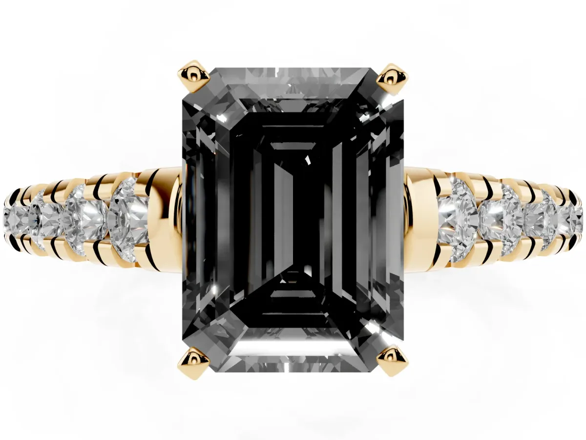 Fancy Black Emerald Cut Diamond Cathedral Solitaire Ring with Round Pavé Band Yellow gold