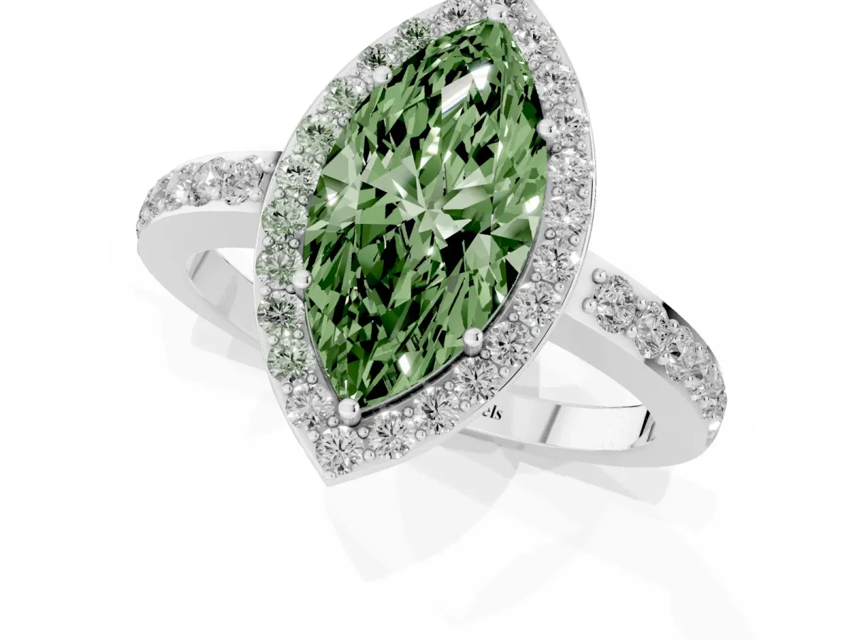 Fancy Green Marquise Cut Halo Diamond Pavé Band Ring with Prong Setting Silver