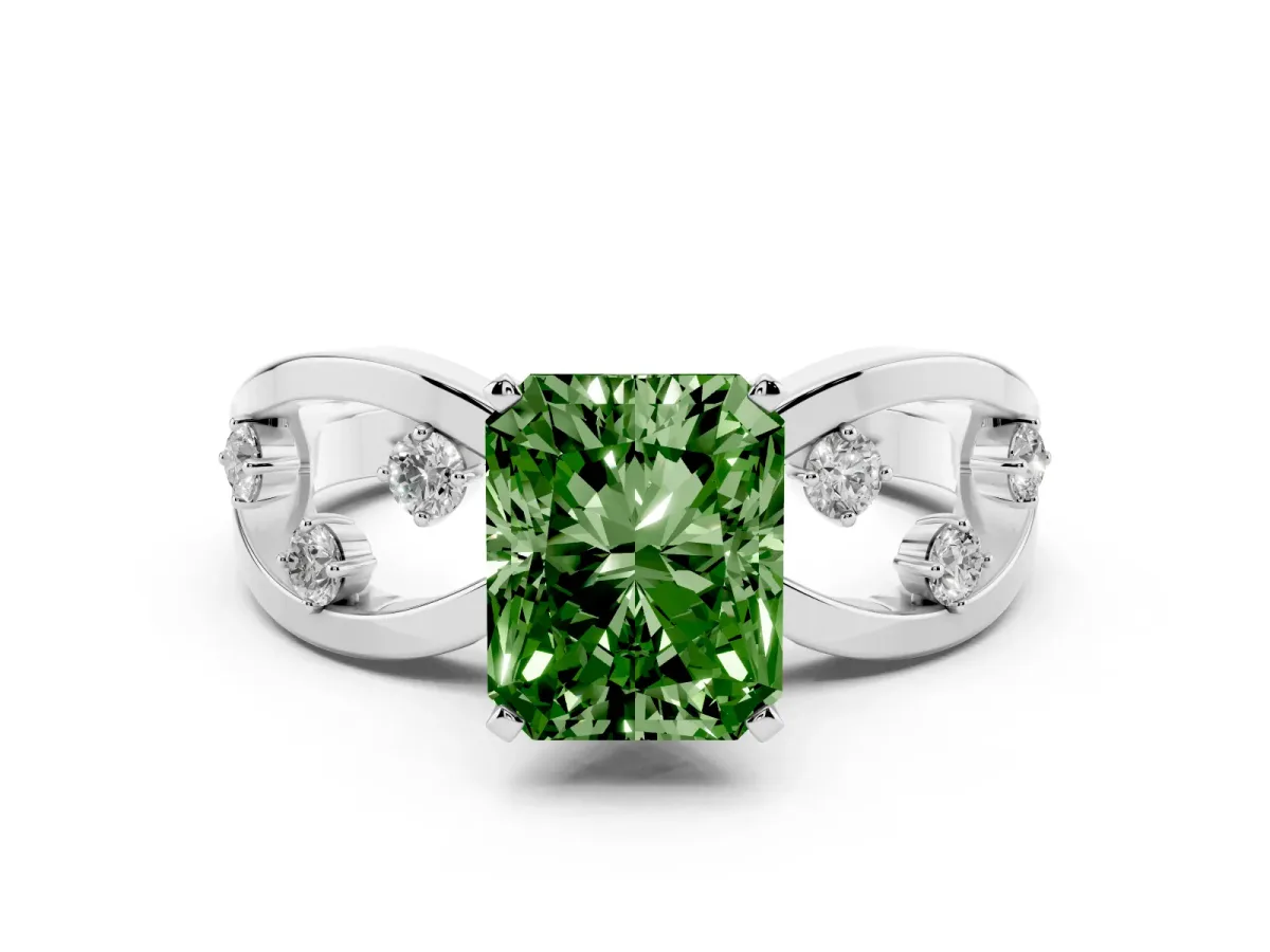 Fancy Green Radiant Cut Cut Solitaire Diamond with Side Stones on Criss-Cross Band and Four-Prong Setting Platinum