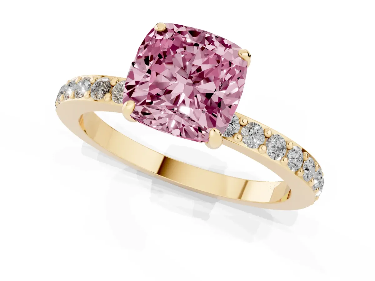 Fancy Pink Cushion Cut Diamond Solitaire Engagement Ring with Pavé Band and Four-Prong Setting Yellow gold