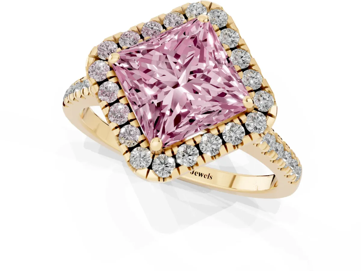 Fancy Pink Princess Cut Diamond Cushion Halo Ring with Pavé Band Yellow gold