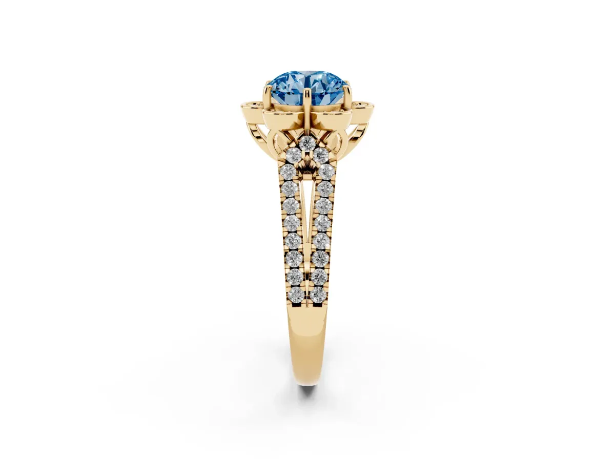 Fancy Blue Round Cut Halo Diamond Floral Split Shank Engagement Ring Yellow gold