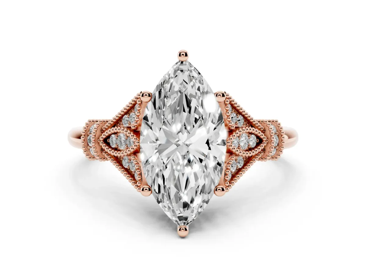 Marquise Cut Diamond Solitaire Ring with Floral Filigree and Pave Accents Rose gold