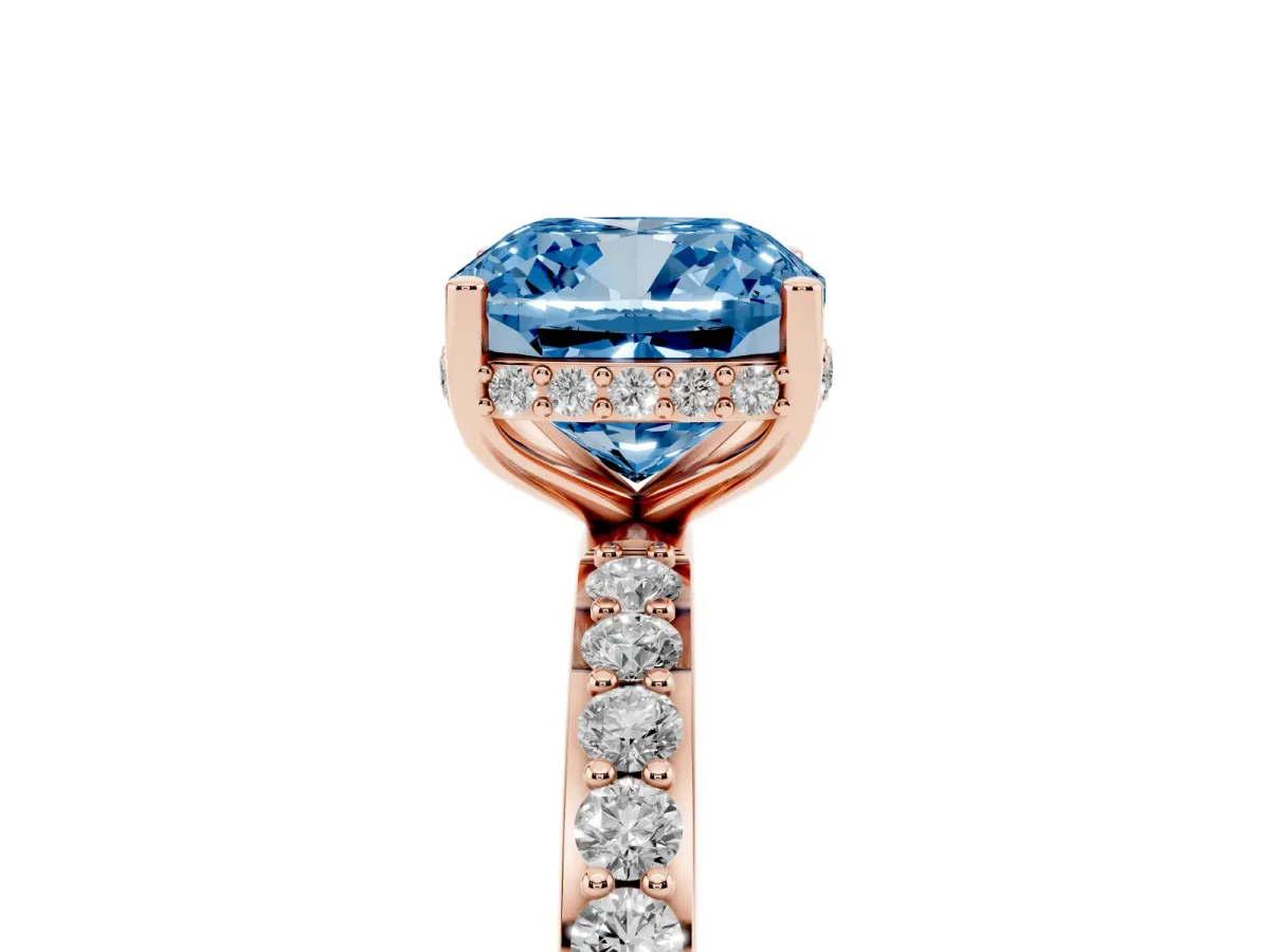 Fancy Blue Cushion Cut Diamond Solitaire Ring with Pavé Band and Hidden Halo Rose gold