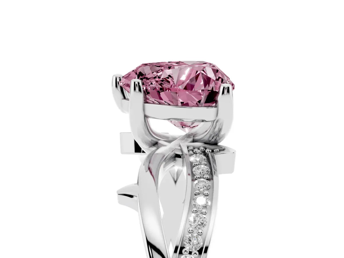 Fancy Pink Heart Cut Solitaire Twist Band with Pavé Accents and Four-Prong Setting Silver