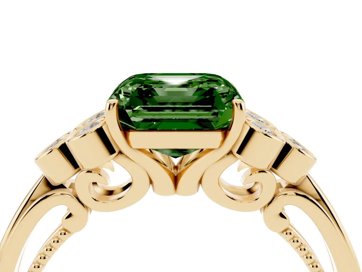 Fancy Green Asscher Cut Cut Diamond Engagement Ring with Bezel Set Round Side Stones and Prong Setting Yellow gold