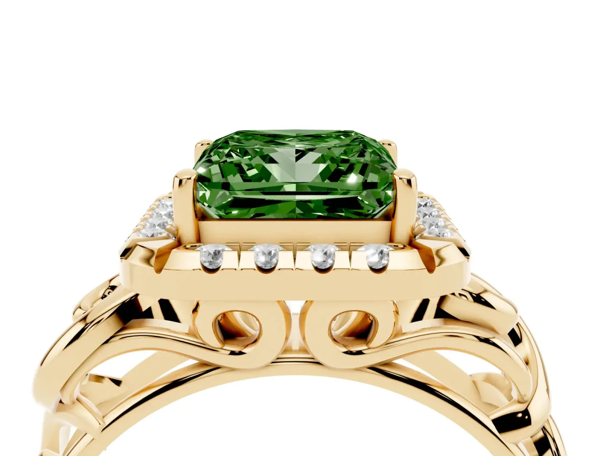 Fancy Green Princess Cut Cut Halo Diamond Ring with Scrollwork Band and Four-Prong Setting Yellow gold