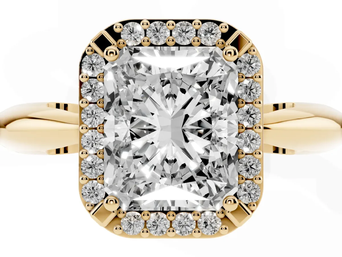 Radiant Cut Cut Diamond Halo Engagement Ring with Split Shank and Four-Prong Setting Yellow gold