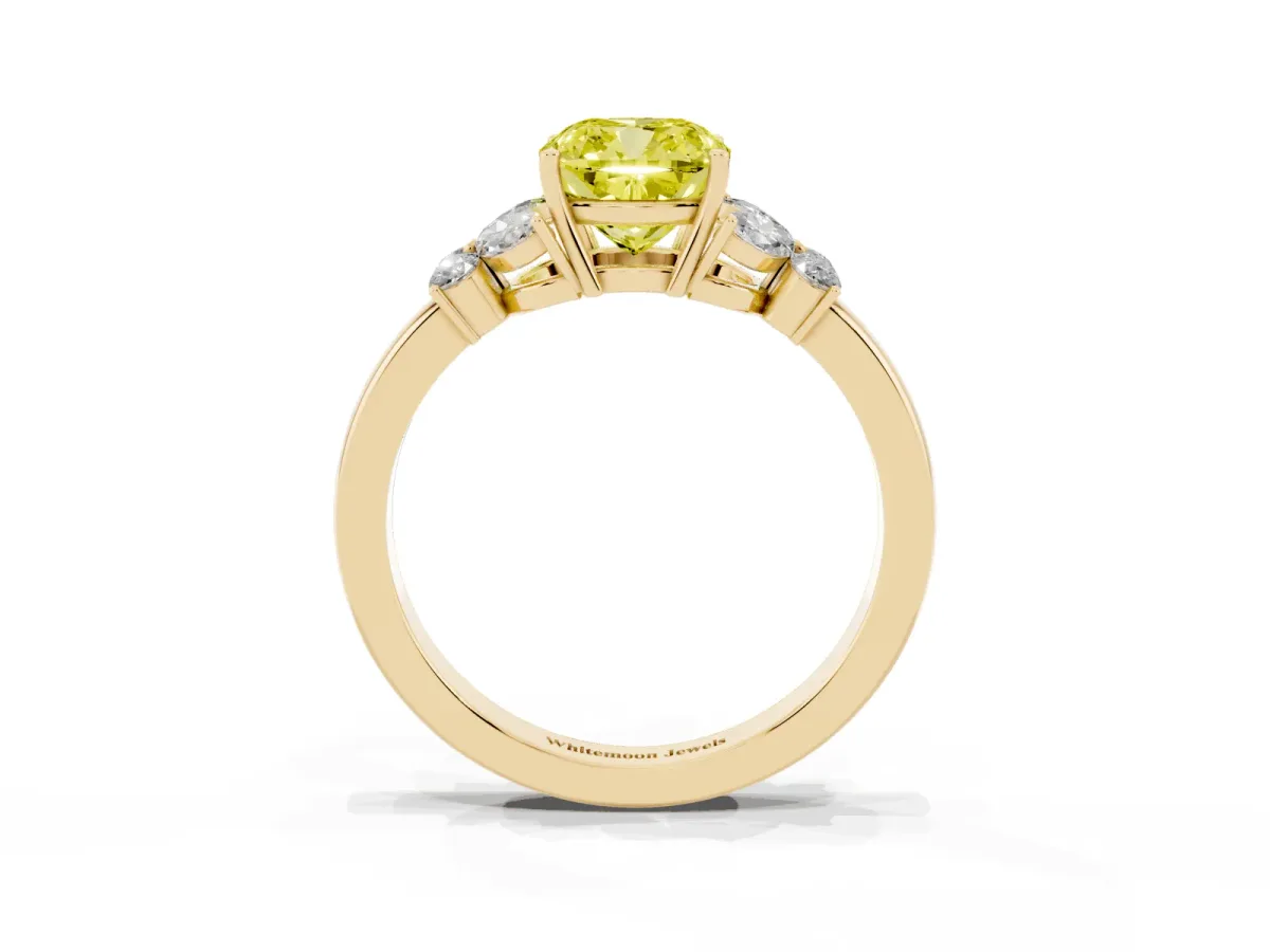 Fancy Yellow Cushion Cut Cut Solitaire Floral Diamond Ring with Four-Prong Setting Yellow gold