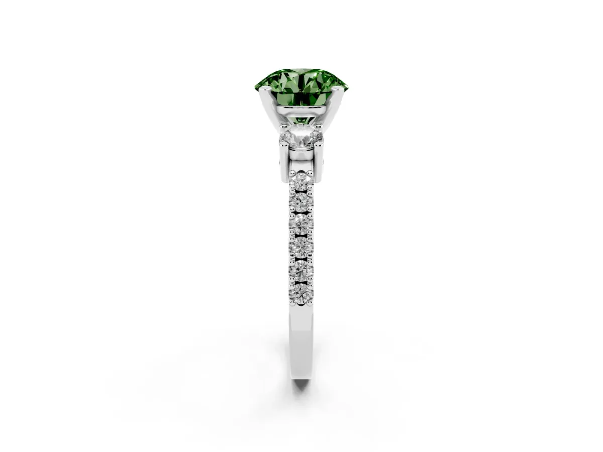Fancy Green Round Cut Three-Stone Diamond Pavé Band with Prong Setting Platinum