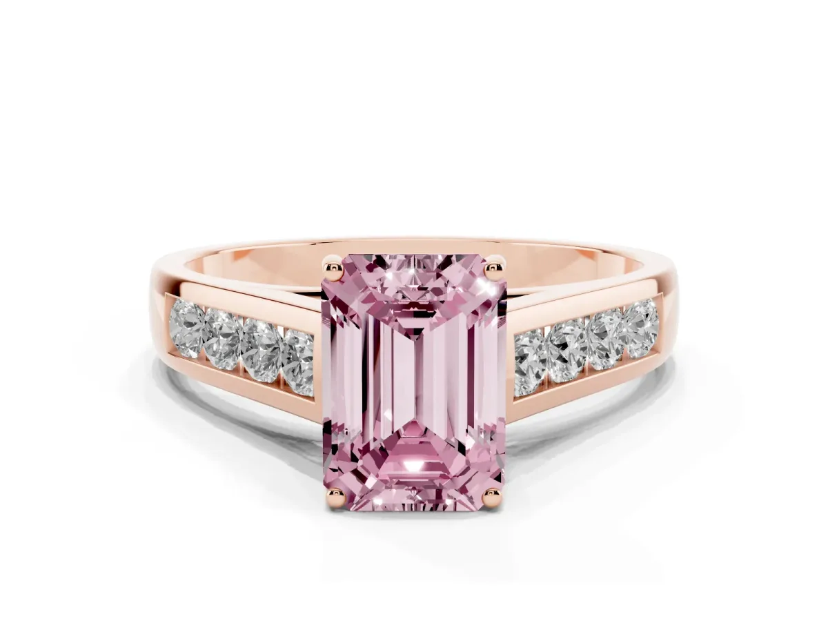 Fancy Pink Emerald Cut Solitaire Channel-Set Diamond Engagement Ring with Four-Prong Setting Rose gold