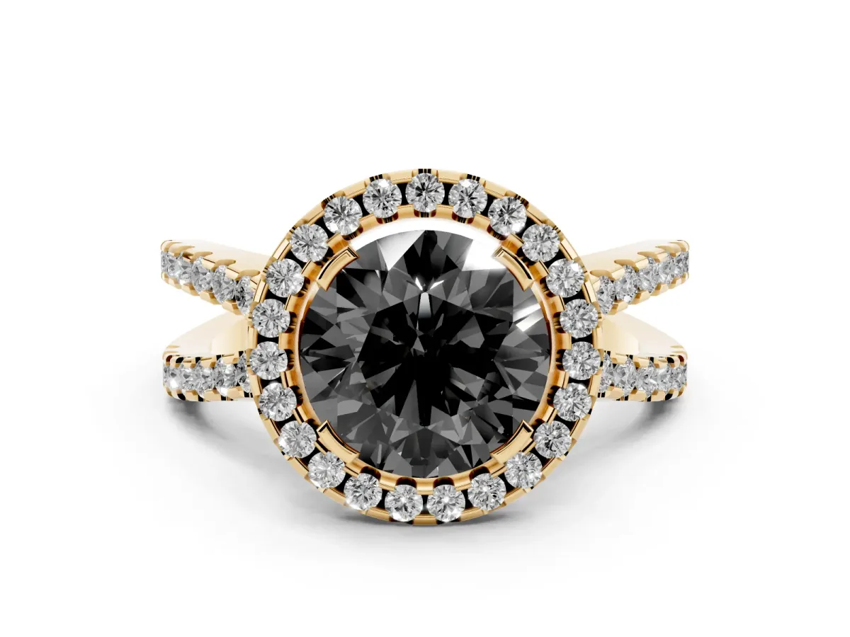 Fancy Black Round Cut Diamond Halo Ring with Split Shank Pavé Band and Prong Setting Yellow gold