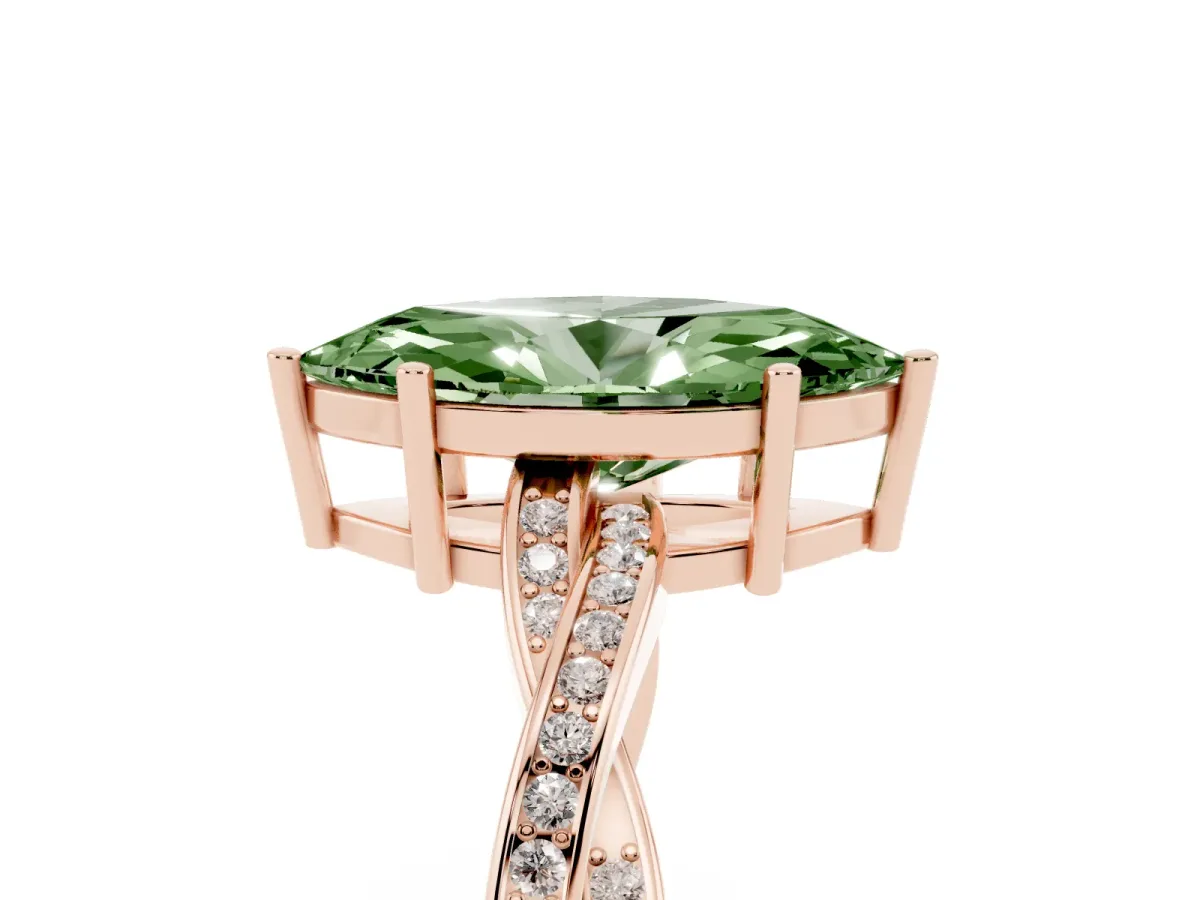 Fancy Green Marquise Cut Solitaire Twisted Pave Diamond Ring with Four-Prong Setting Rose gold