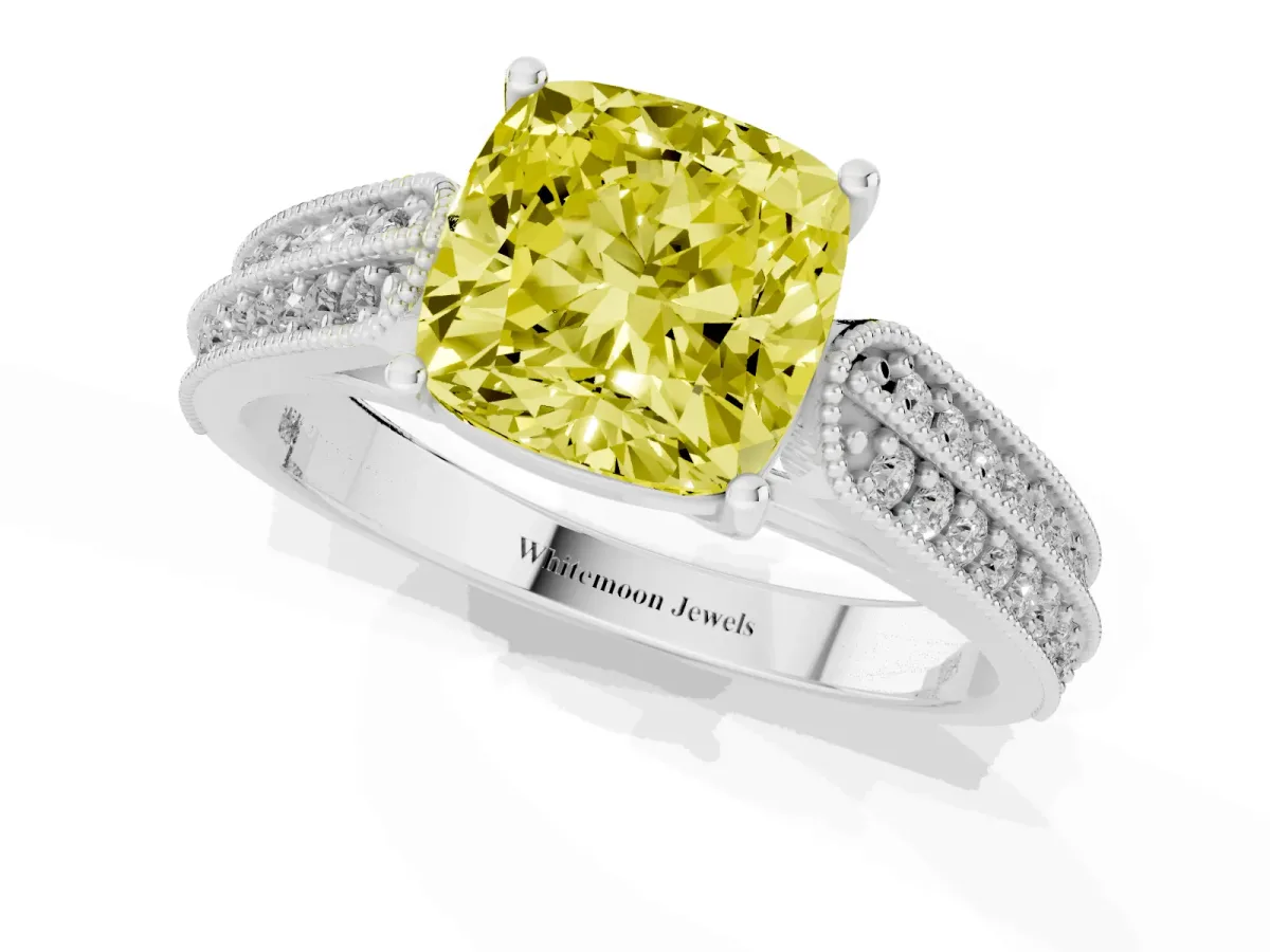 Fancy Yellow Cushion Cut Cut Pave Split Shank Engagement Ring with Four-Prong Setting White gold