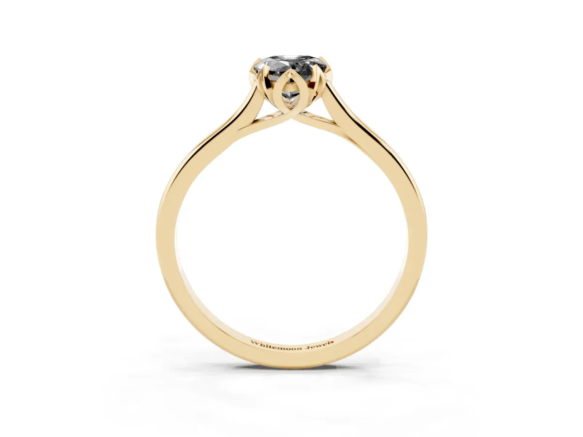 Fancy Black Pear Cut Diamond Solitaire Ring with Flower Prong Setting and Classic Band Yellow gold