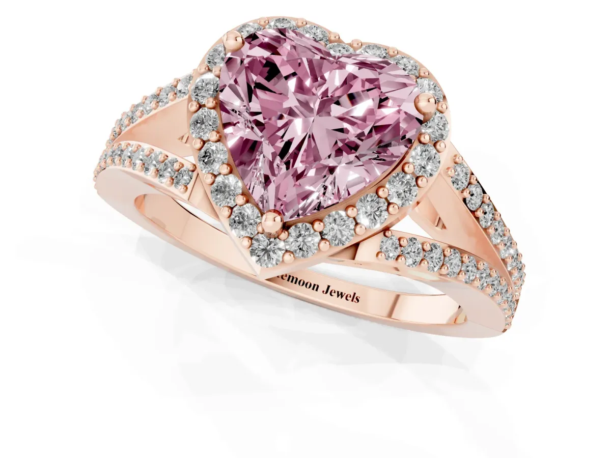Fancy Pink Heart Cut Halo Split Shank Pave Diamond Ring with Four-Prong Setting Rose gold