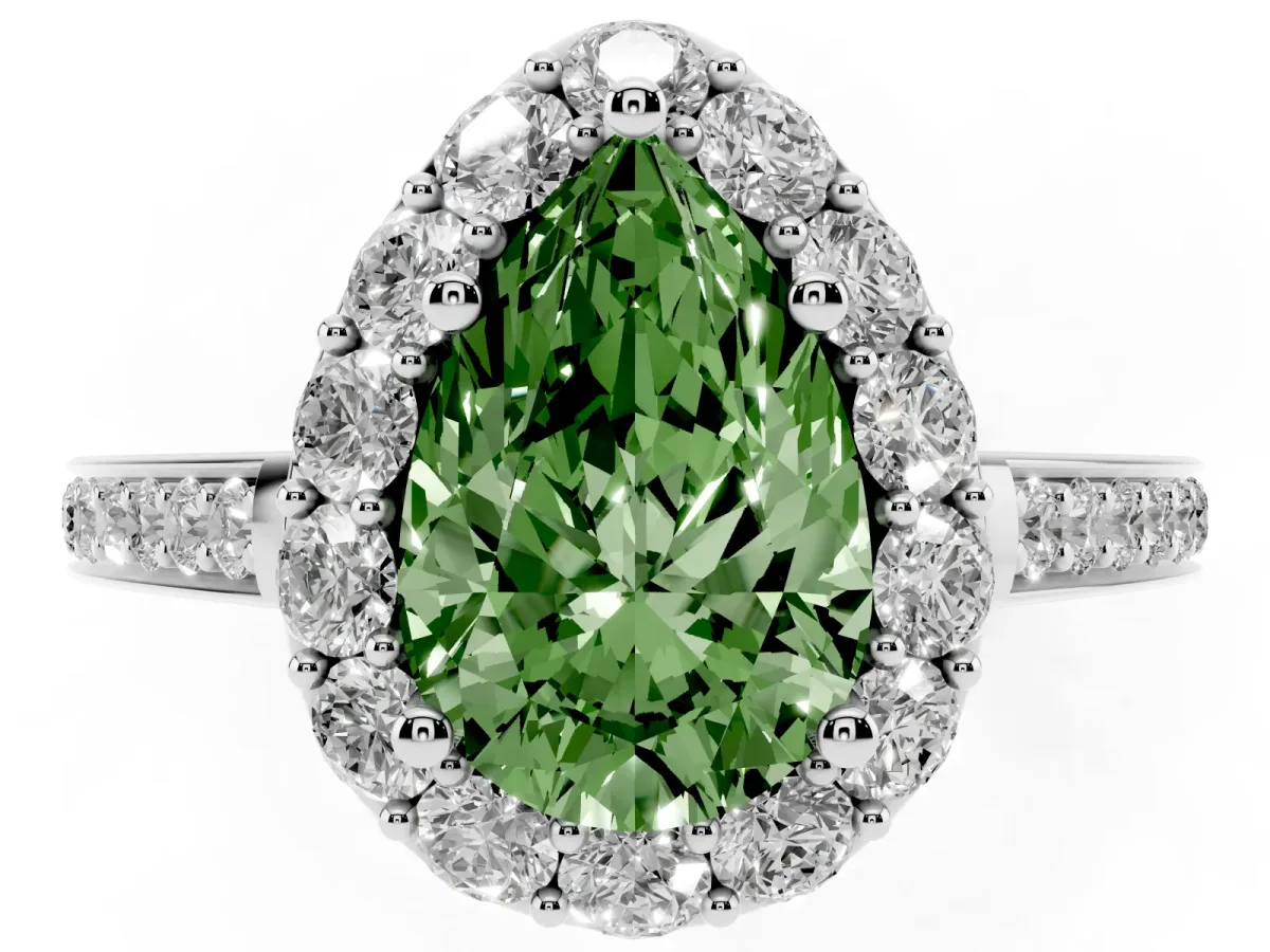Fancy Green Pear Cut Diamond Floral Halo Ring with Pavé Band and Prong Setting White gold