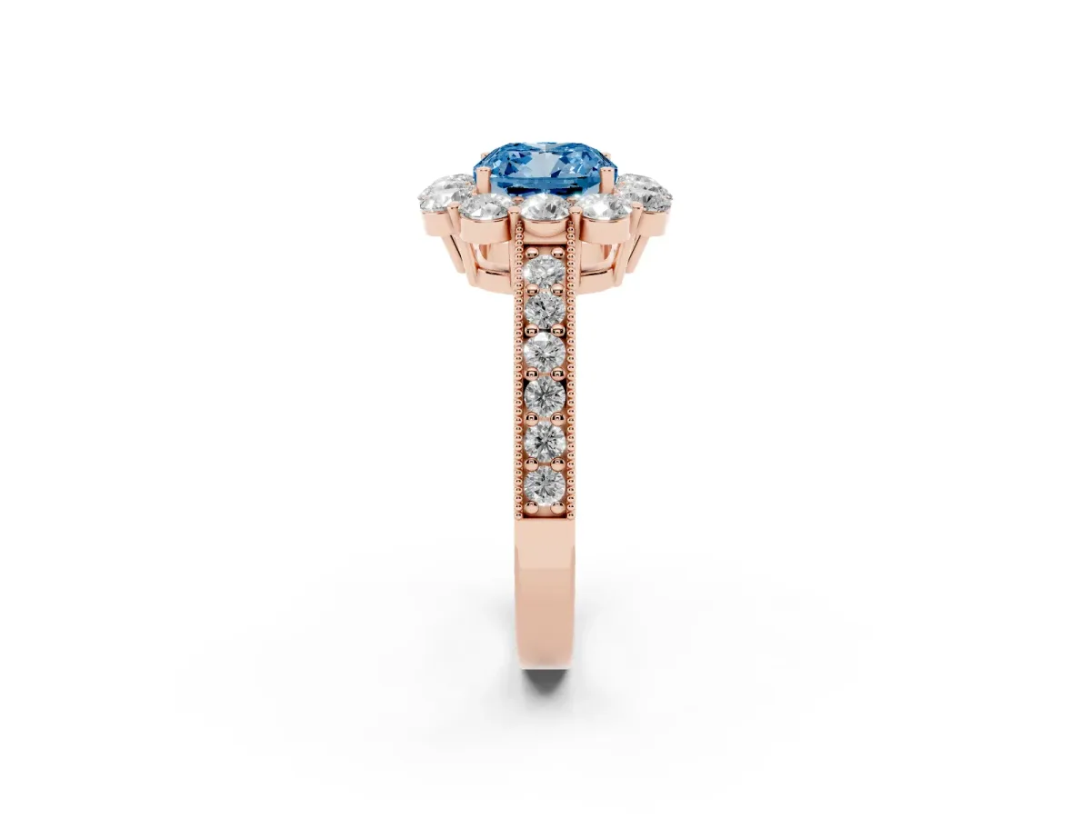 Fancy Blue Cushion Cut Cut Halo Diamond Pavé Engagement Ring with Milgrain Detailing Rose gold