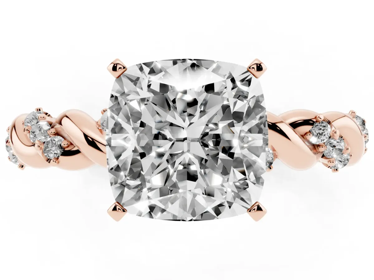 Cushion Cut Diamond Solitaire Ring with Twisted Band and Pavé Accents Rose gold