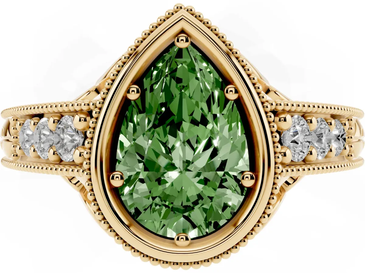 Fancy Green Bezel Set Pear Cut Diamond Milgrain Pave Engagement Ring Yellow gold