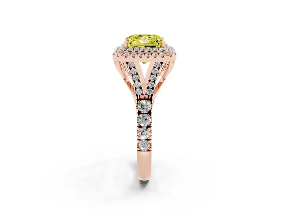 Fancy Yellow Double Halo Princess Cut Diamond Split Shank Engagement Ring with Four-Prong Setting Rose gold