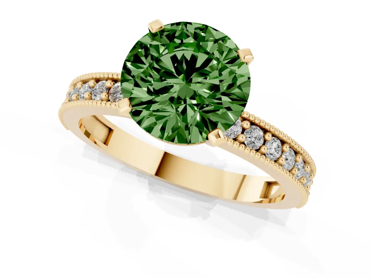 Fancy Green Round Cut Diamond Milgrain Pavé Engagement Ring with Four-Prong Setting Yellow gold