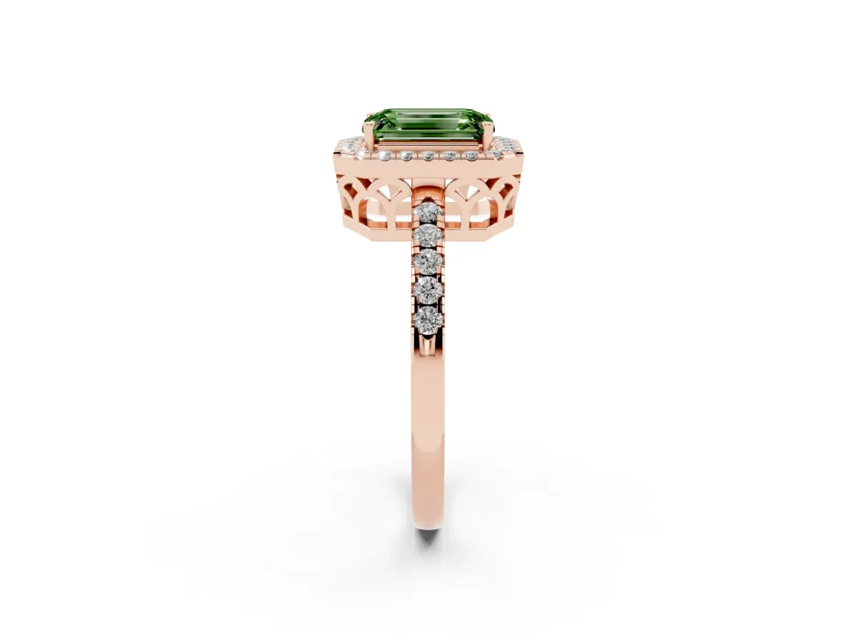 Fancy Green Emerald Cut Halo Diamond Engagement Ring with Pavé Band and Four-Prong Setting Rose gold